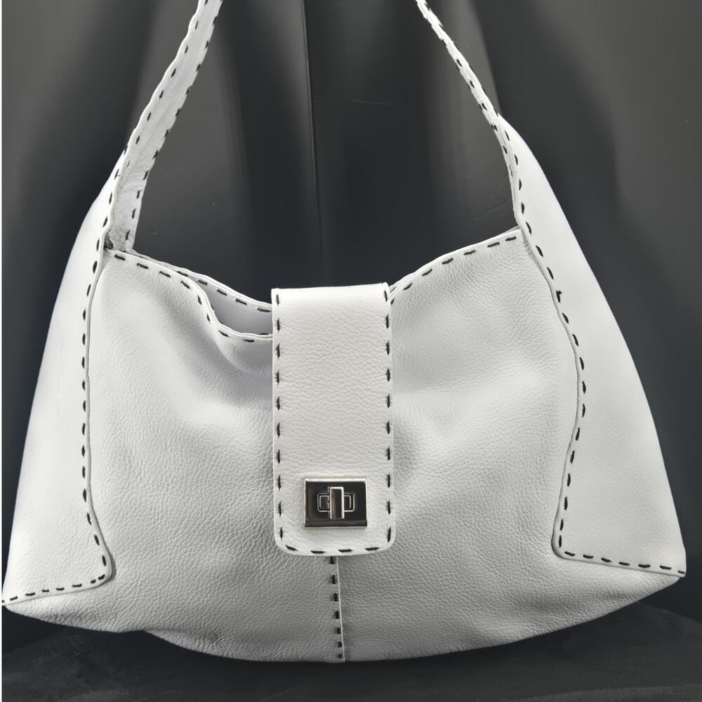 Sharif Slouchy Crescent White Leather Contrast Stitching Hobo Shoulder Bag